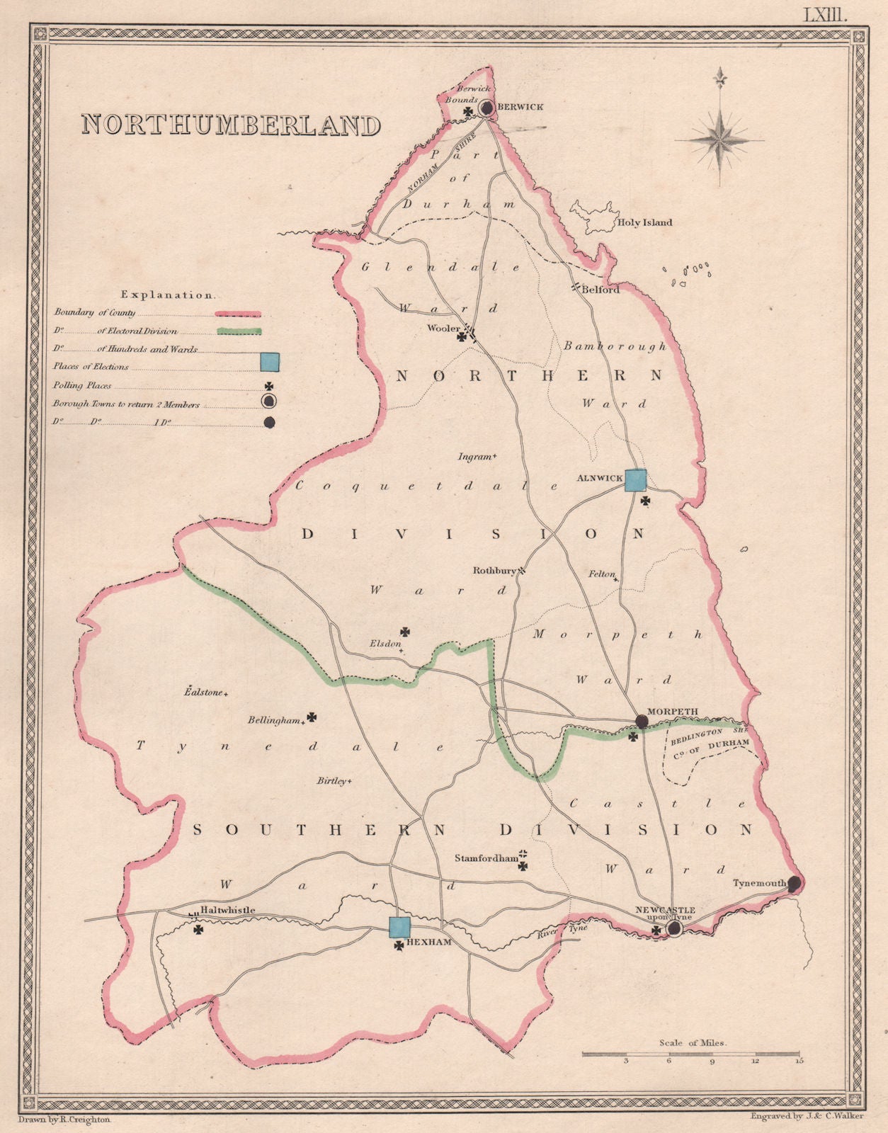 NORTHUMBERLAND antique county map by CREIGHTON/WALKER. Electoral 1835 old